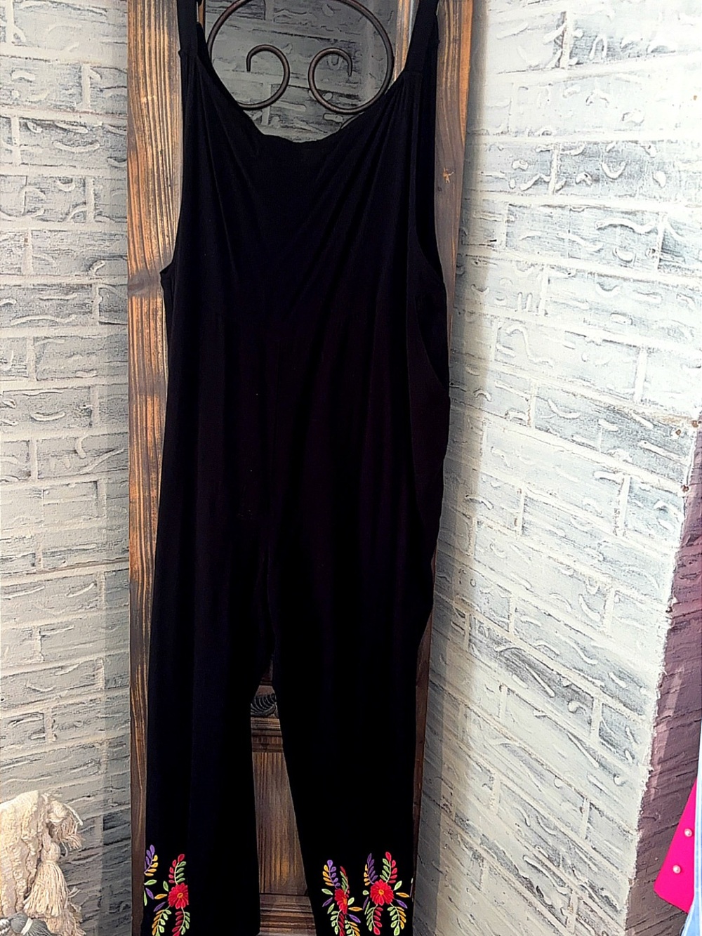 Black Embroidered Strap Jumpsuit with Floral Hem